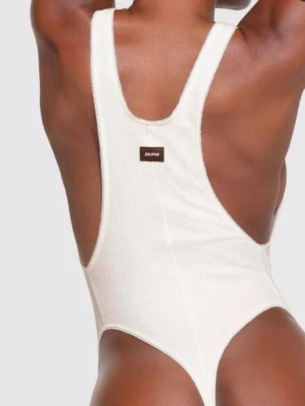 Skims Logo, Cotton Rib Picot Racerback Bodysuit, Marble, Medium